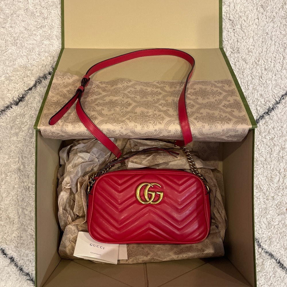 Authentic Red Gucci Marmont camera cross body bag